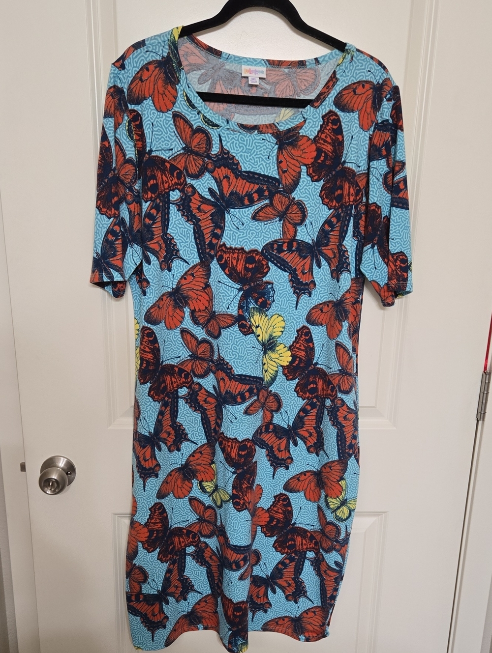 LuLaRoe Midi Shift Dress in Light Blue with Orange & Yellow Butterfly Print